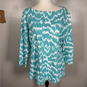 J. McLaughlin Sz XL Teal Blue Print Signature Tee Catalina Cloth 3/4 Sleeve Top